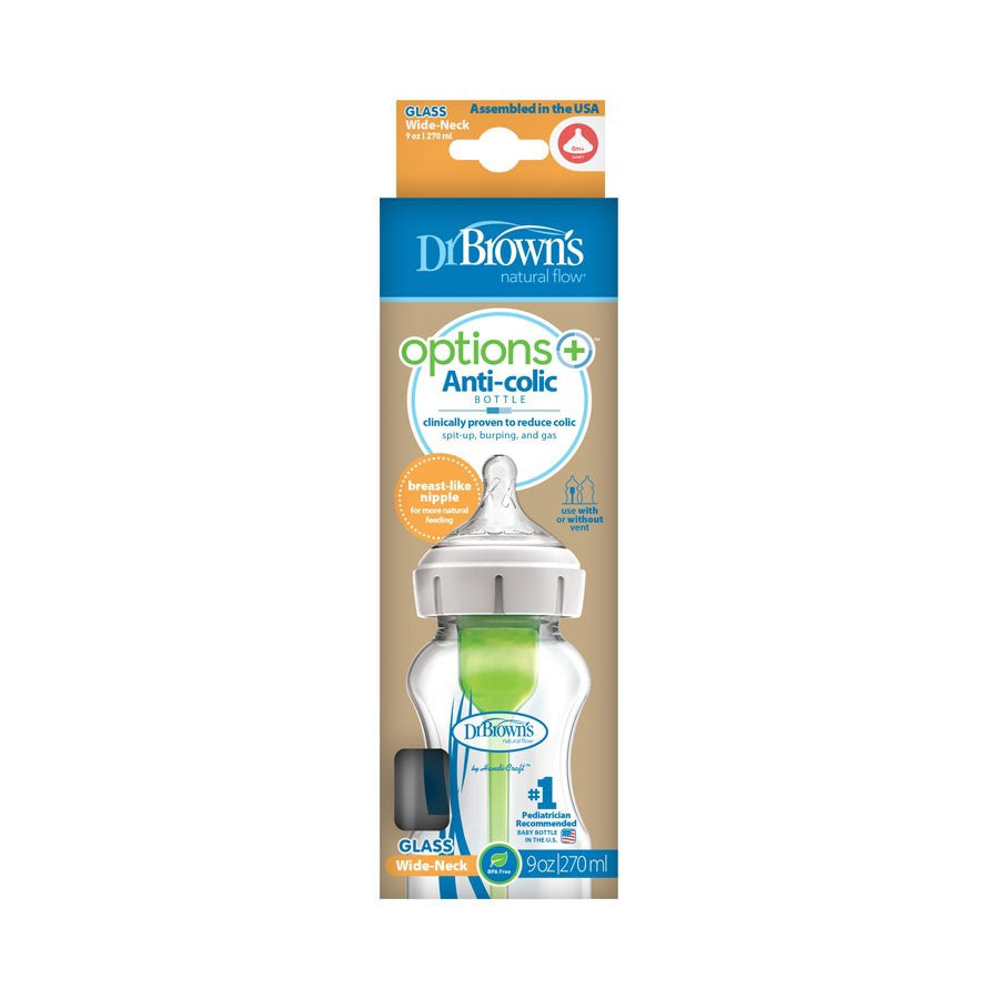 Dr Browns Natural Flow Anti Colic Options Plus Wide Neck Glass 270ml Bottle with Level 1 Slow Flow Nipple