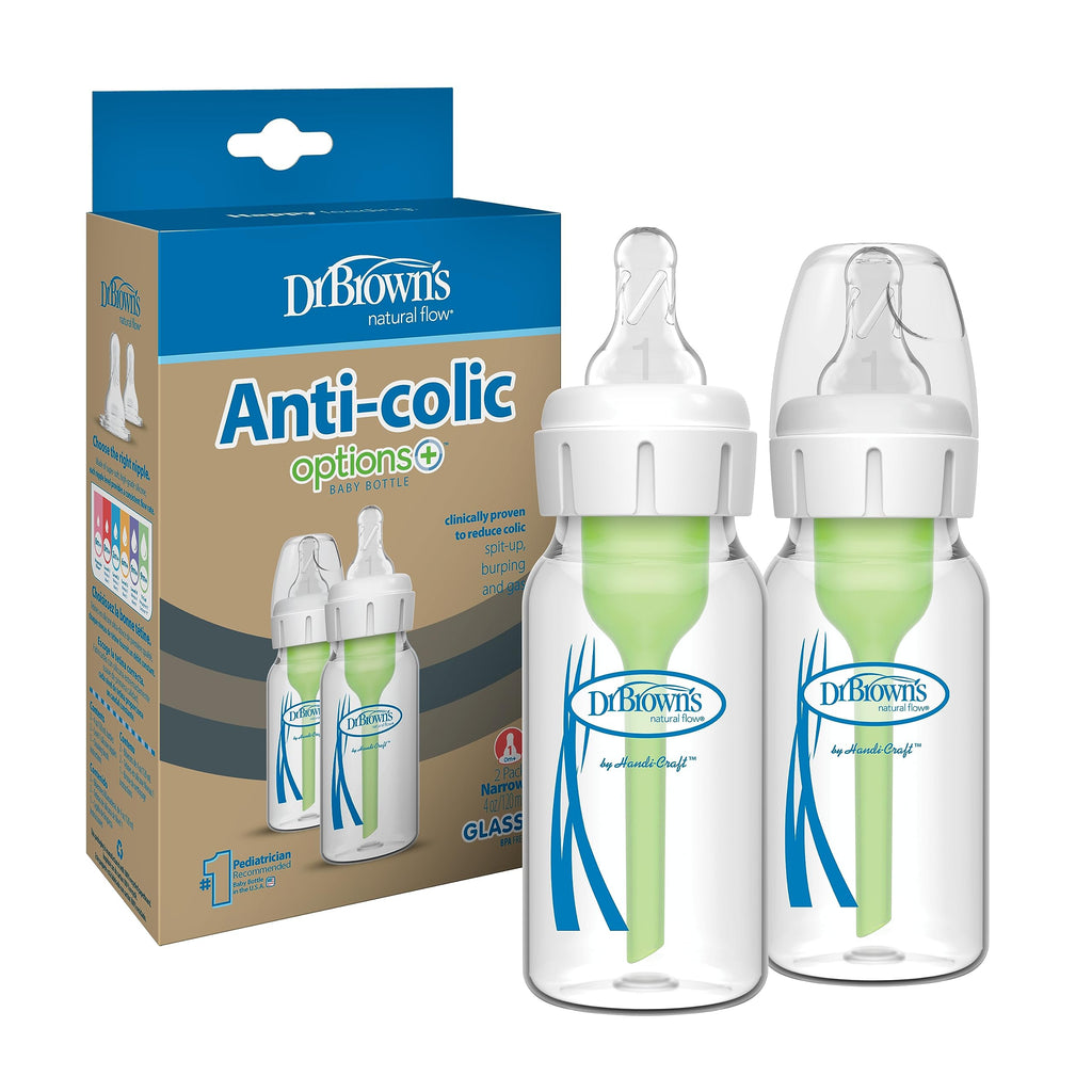 Dr Browns Narrow Glass Baby Bottles 4 oz 120ml with Level 1 Slow Flow Nipple 2 Pack 0 plus Months Babies