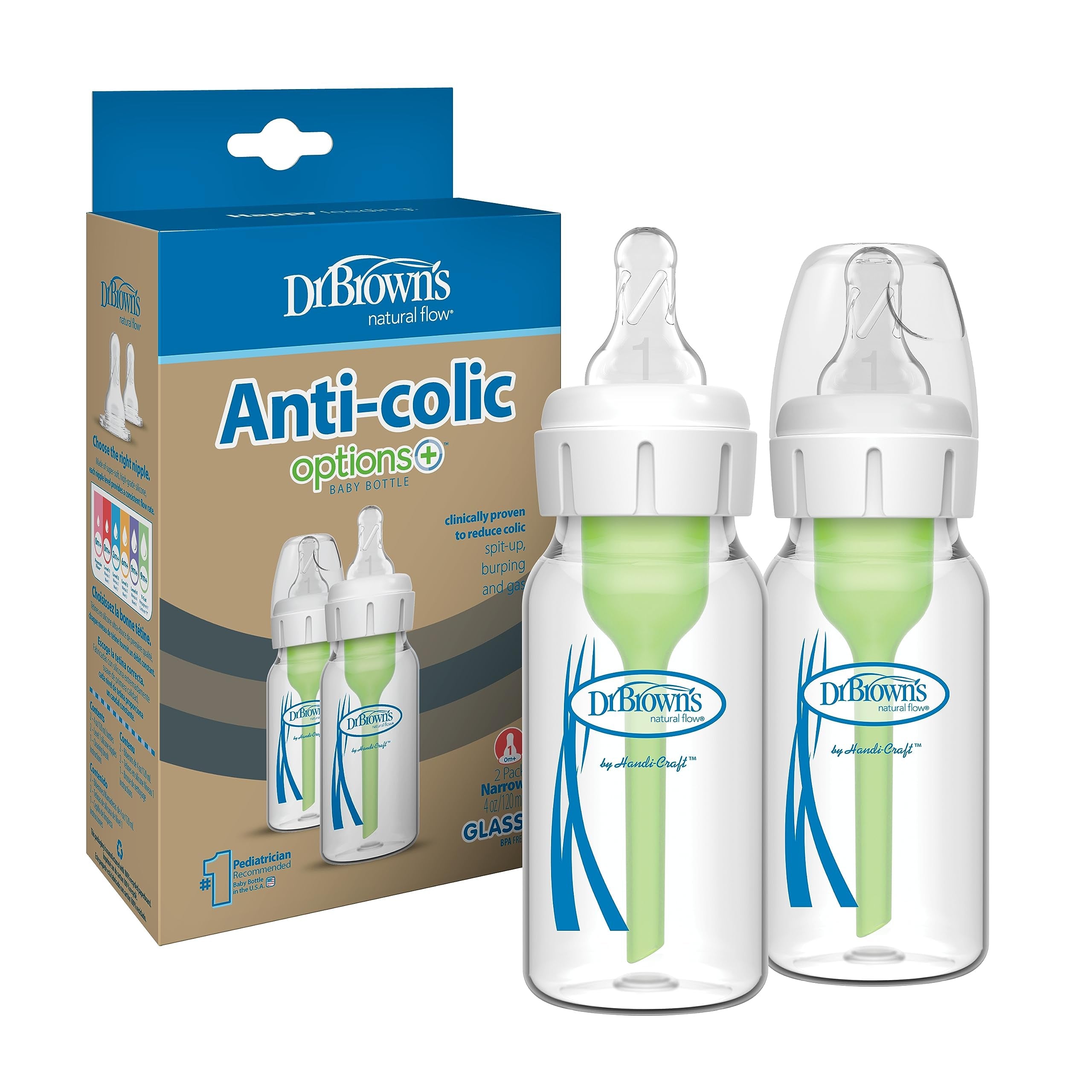 Dr Browns Narrow Glass Baby Bottles 4 oz 120ml with Level 1 Slow Flow Nipple 2 Pack 0 plus Months Babies