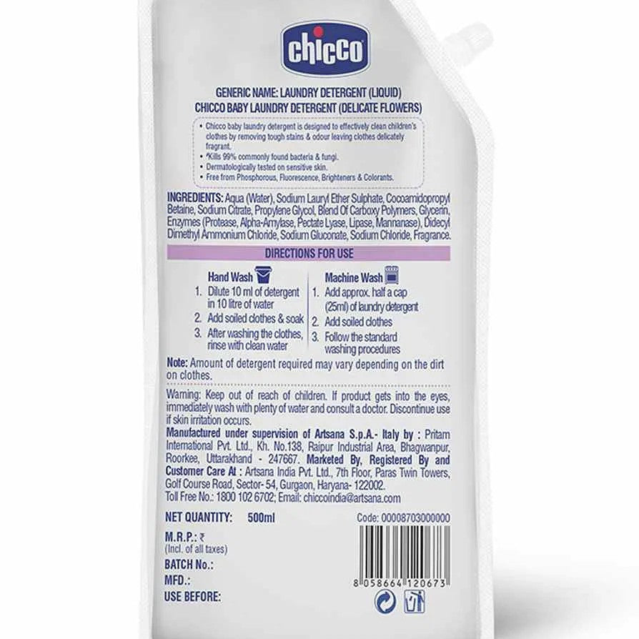 Chicco Baby Laundry Detergent Delicate Flowers 500ml Kills 99percent Barteria and Fungi