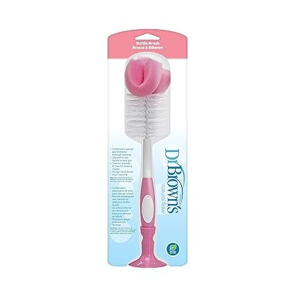 Dr Browns Reusable Sponge Baby Bottle Cleaning Brush with Suction Cup Stand Scrubber and Nipple Cleaner Pink 1 Pack