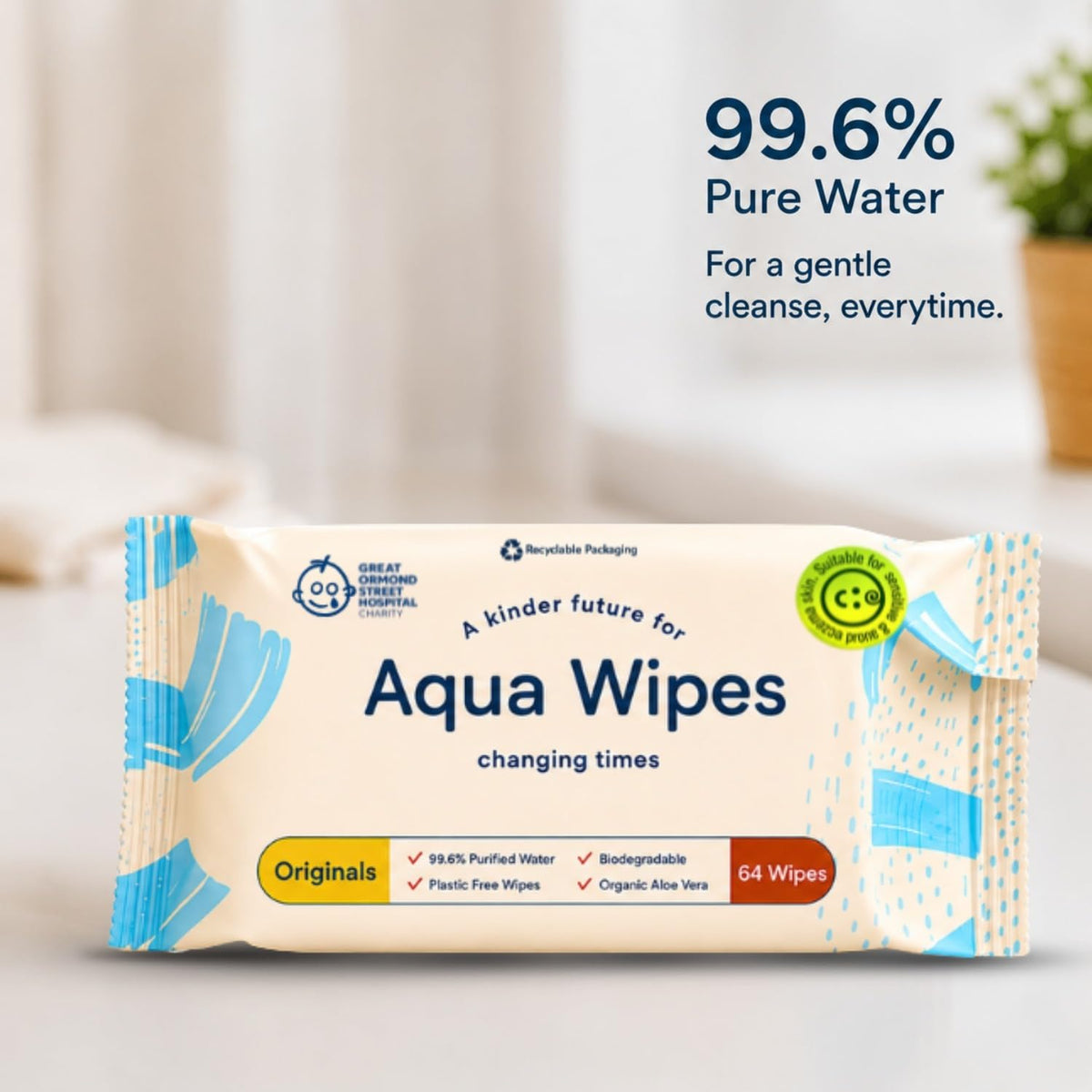 Aqua Wipes Original 99.6% Water Baby Wipes 64 Count