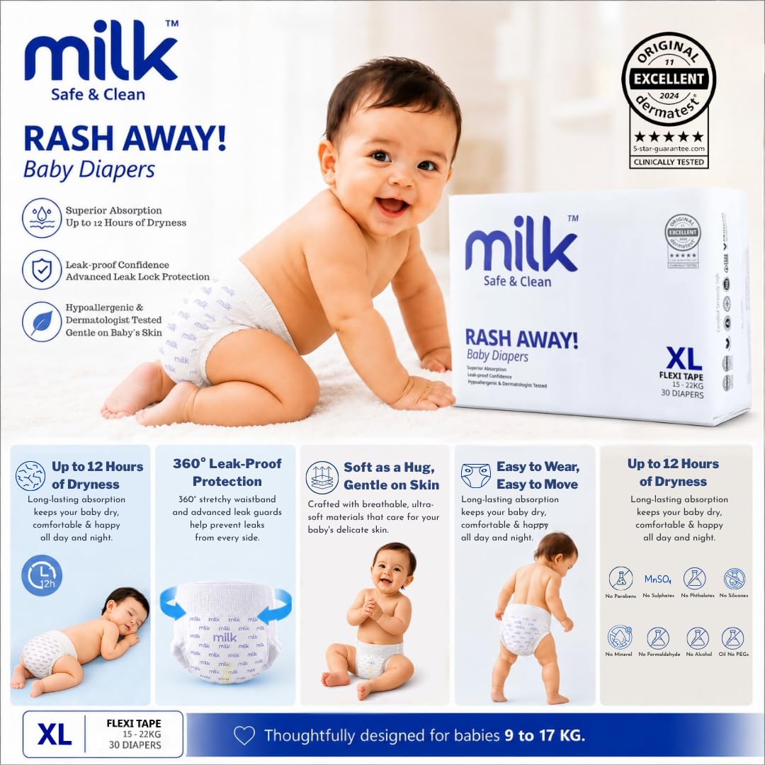 MILK Diapers Flexi Tape 15 to 22 kg Size Extra Large 30 Count