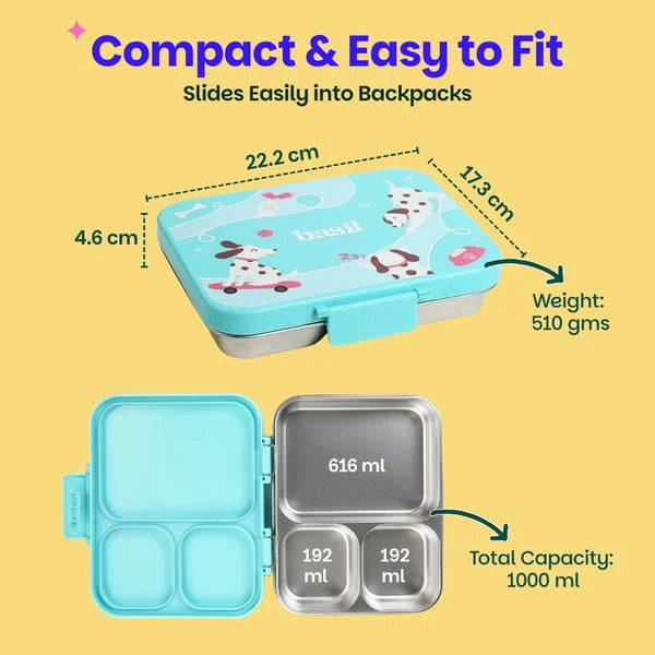 Basil Bento Ace 3 Compartment Stainless Steel Lunchbox - 1000 Ml