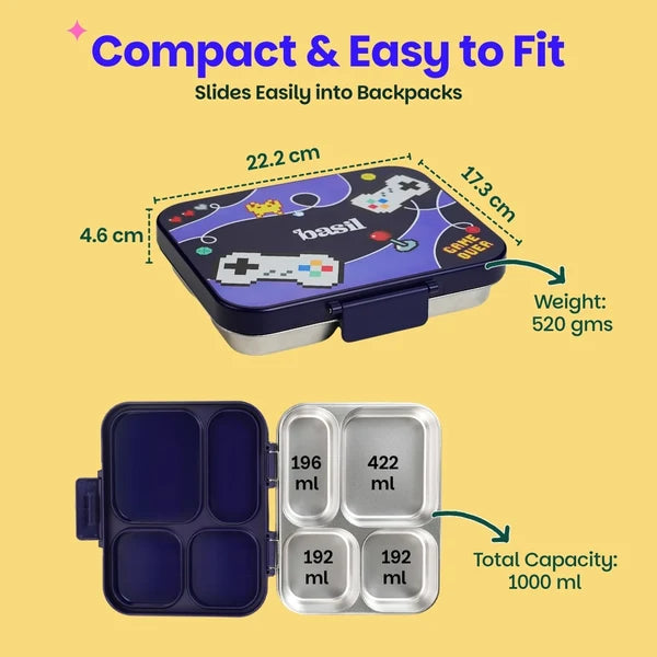 Basil Bento Ace 4 Compartment Stainless Steel Lunchbox - 1000 Ml