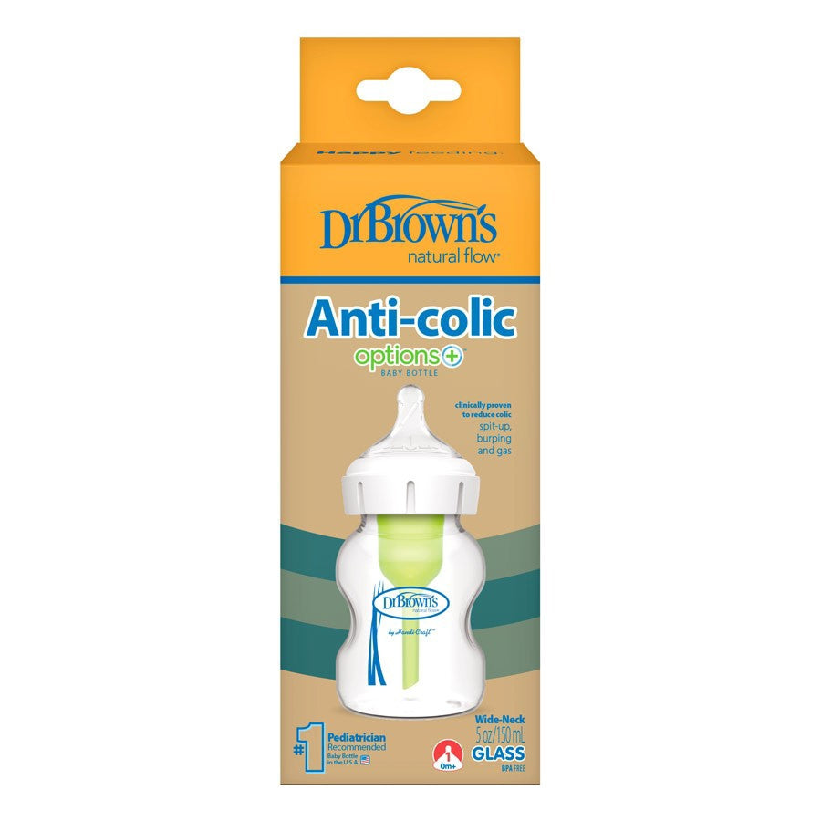 Dr Browns Natural Flow Anti Colic Options plus Wide Neck Glass Baby Bottle 5 oz 150ml Level 1 Slow Flow Nipple
