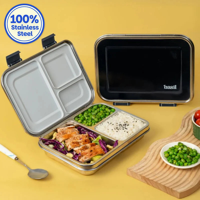 Basil Bento Ace 3 Compartment Stainless Steel Lunchbox - 1000 Ml