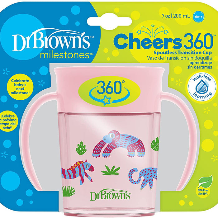 Dr Browns Smooth Wall Cheers 360 Cup W handles 7 Oz 200ml Pink Deco