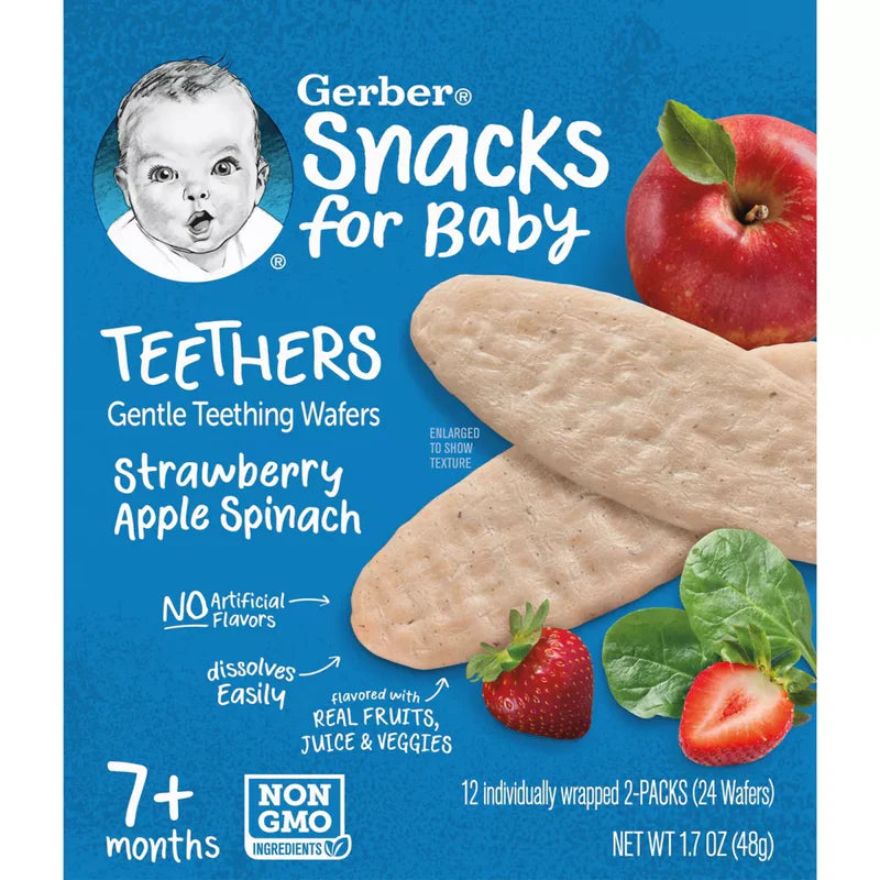 Gerber Strawberry Apple Spinach Teething Wafers 7 Plus Months Crawler