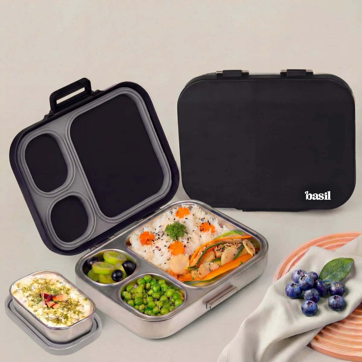 Basil Bento Quad + 3 Plus 1 Compartment Stainless Steel Lunchbox - 1250 ml