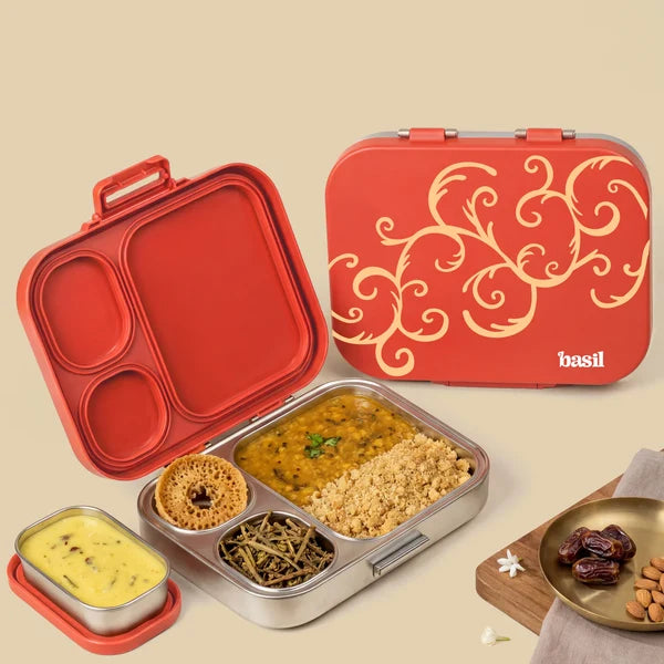 Basil Bento Quad + 3 Plus 1 Compartment Stainless Steel Lunchbox - 1250 ml
