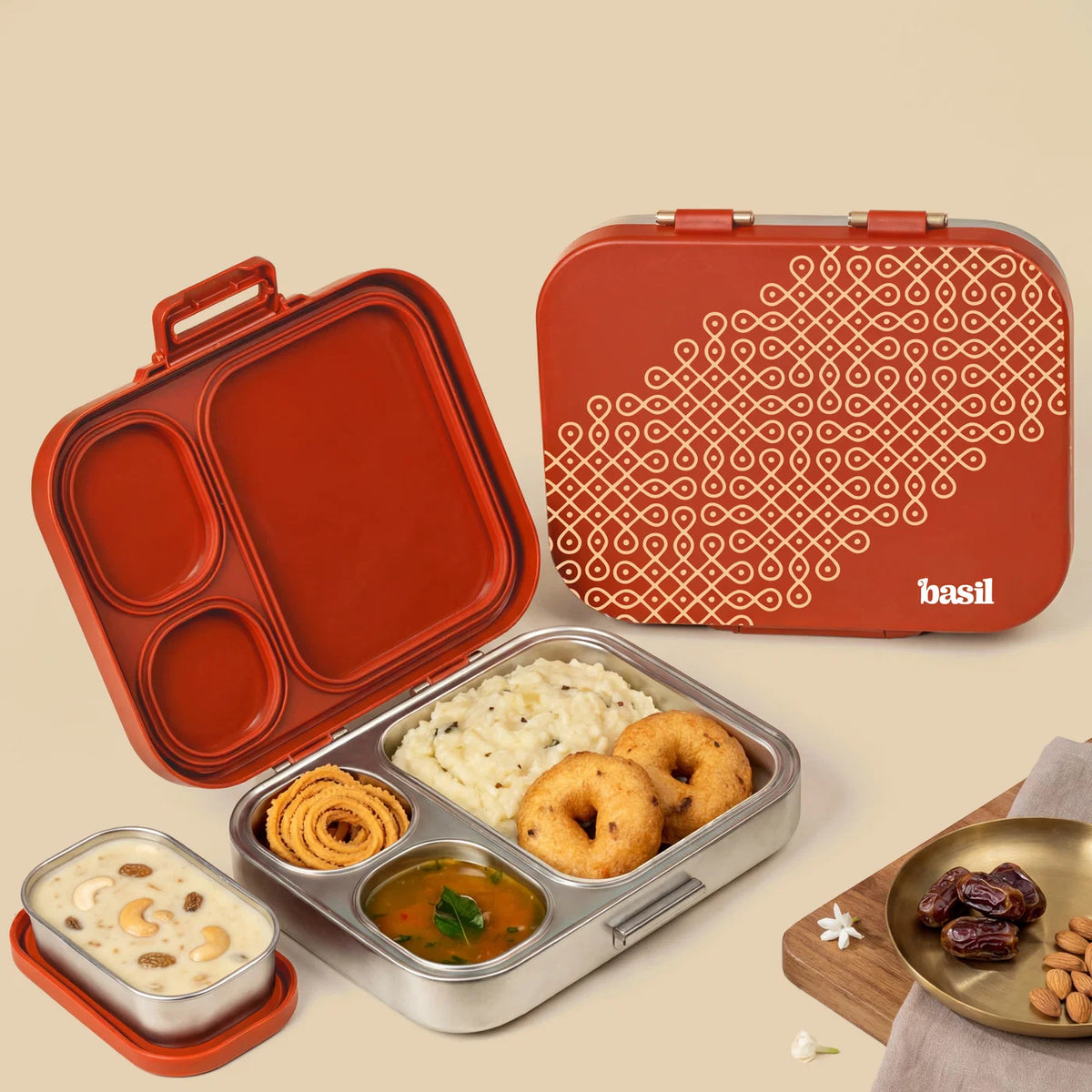 Basil Bento Quad + 3 Plus 1 Compartment Stainless Steel Lunchbox - 1250 ml