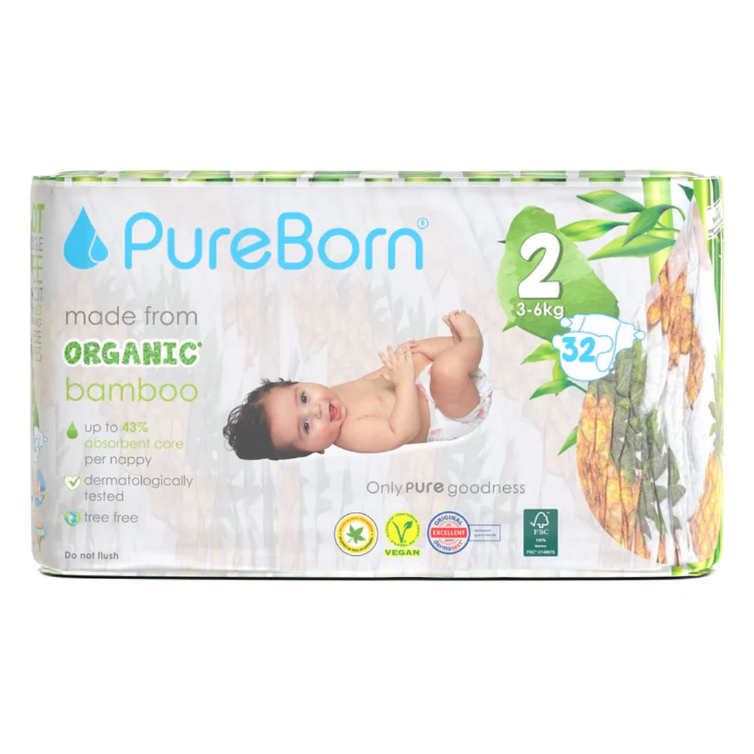 Pureborn Organic Bamboo Diapers 3 to 6 kg 32 Count Size 2