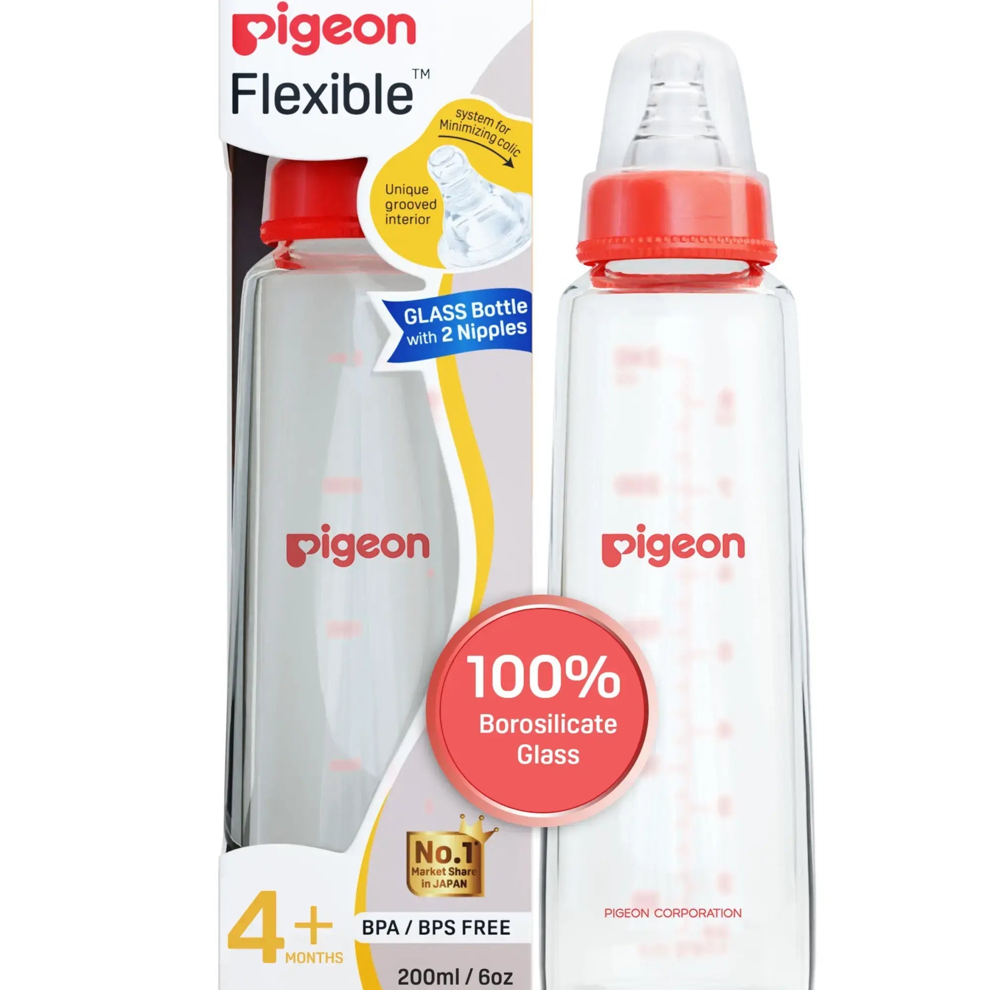 Pigeon Flexible glass Bottle Nursing Feeding Bottle With Added Nipple M for 4 plus Month Babies 200ml 6oz