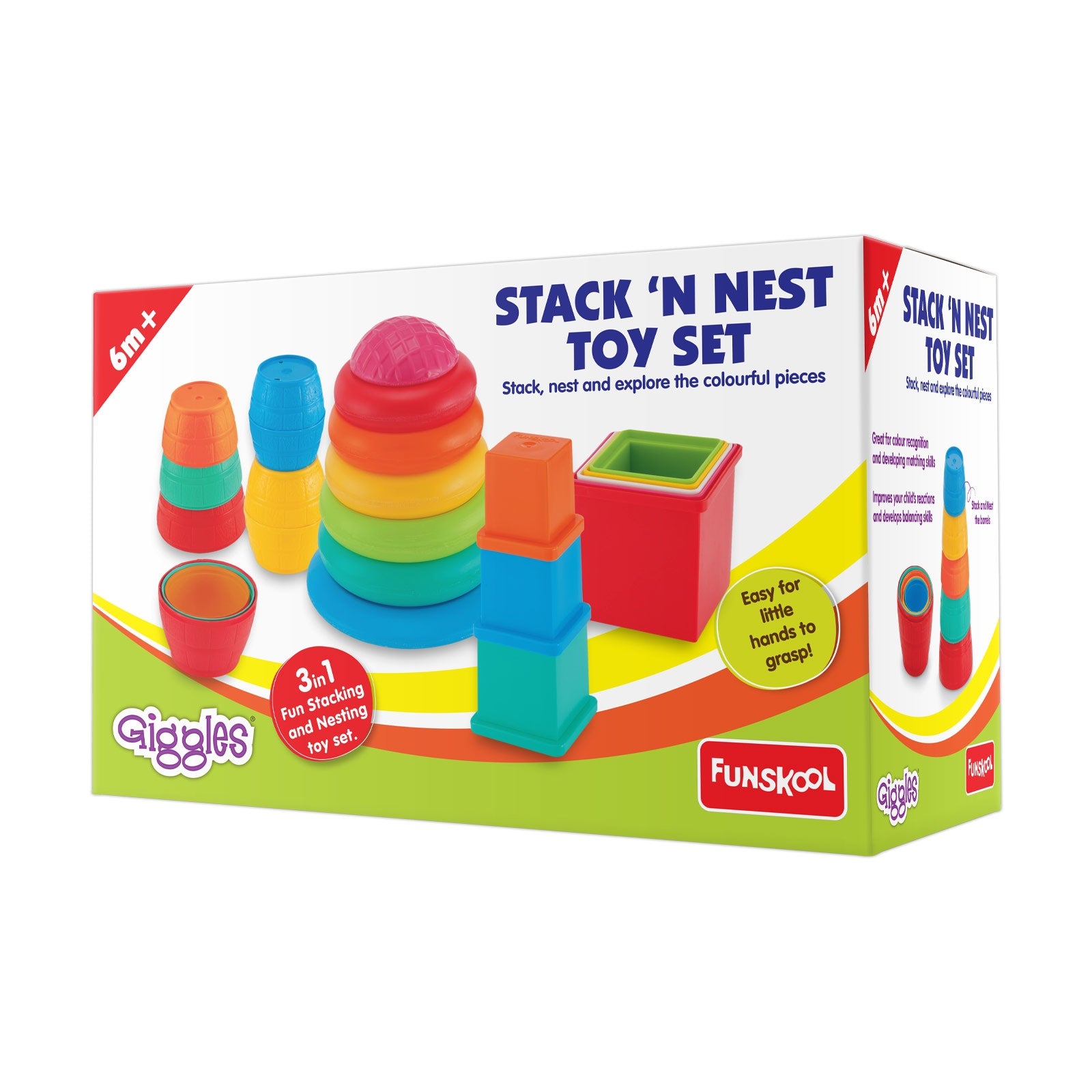 Giggles Stack N nest Toy Multicolour 3 in 1 giftset Develops motor skills 6 months above Infant and Preschool