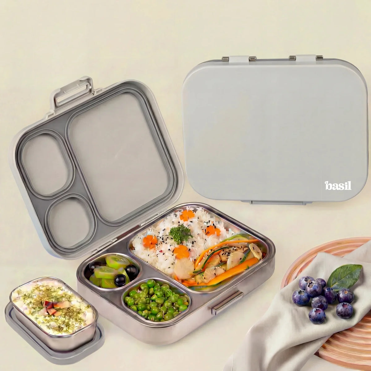 Basil Bento Quad + 3 Plus 1 Compartment Stainless Steel Lunchbox - 1250 ml