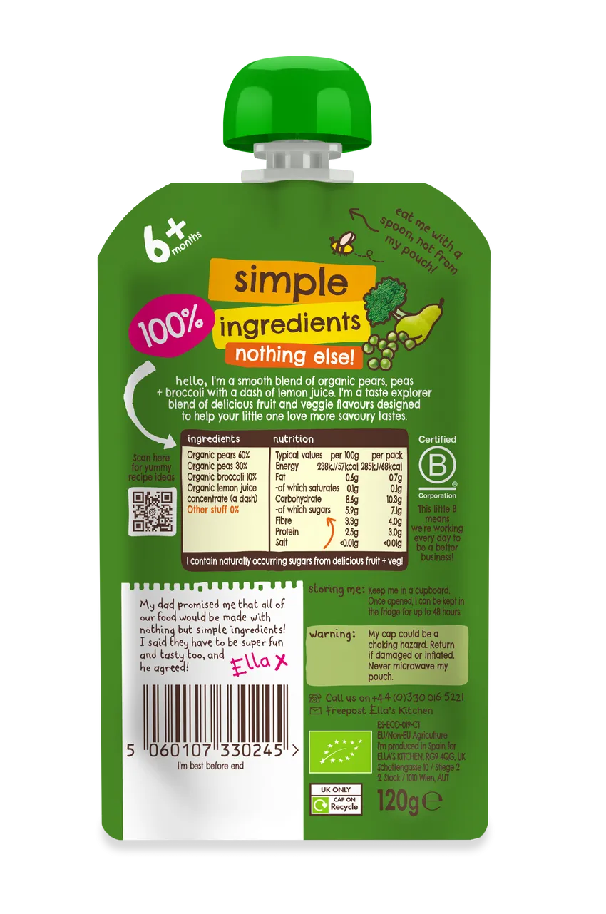 Ella's Kitchen Pears, peas Plus broccoli Baby Puree Pouch 120g 6 Plus Months