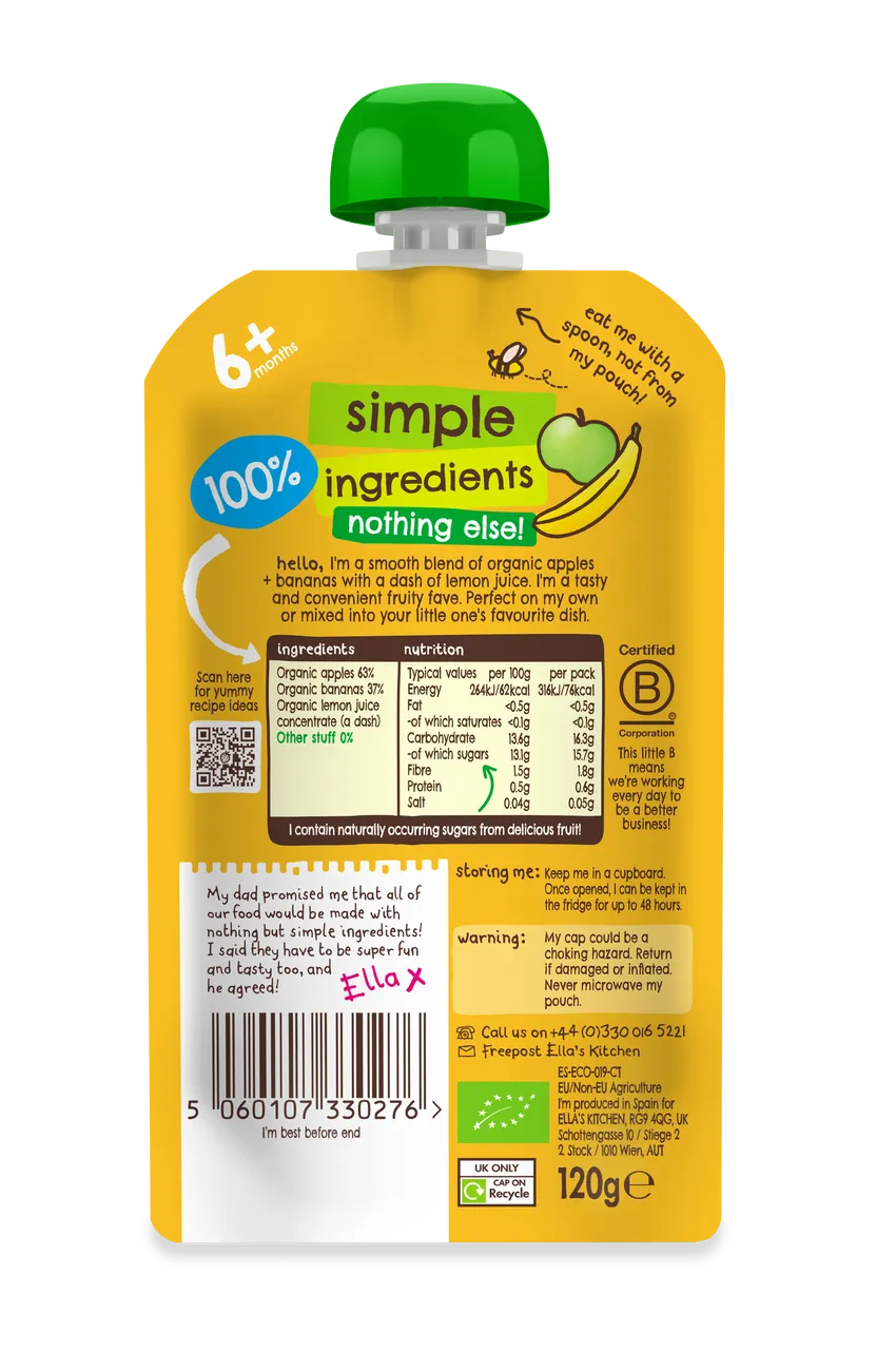 Ella's Kitchen Bananas Plus apples Baby Puree Pouch 120g 6 Plus Months