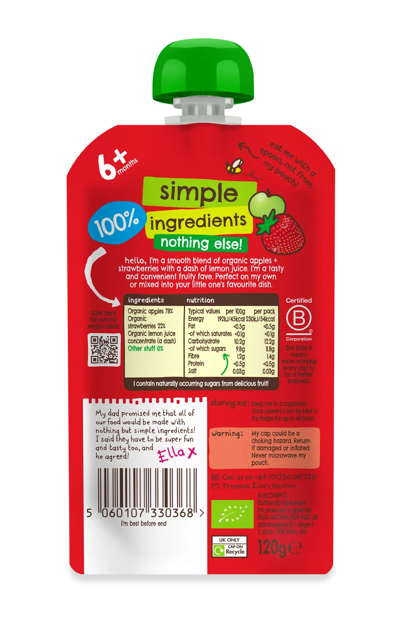 Ella's Kitchen Strawberries Plus apples Baby Puree Pouch 120g 6 Plus Months