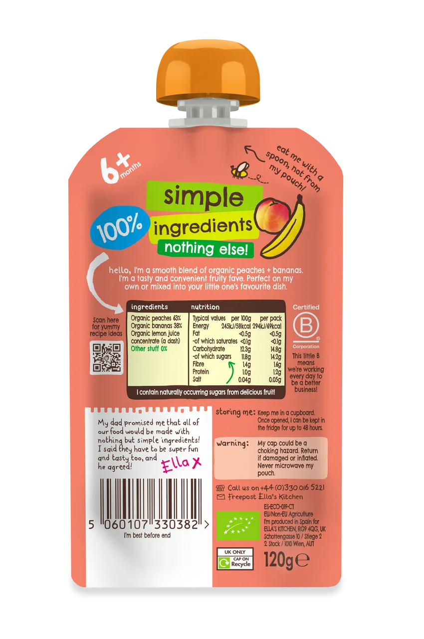 Ella's Kitchen Peaches And  Bananas Baby Puree Pouch 120g 6 Plus Months