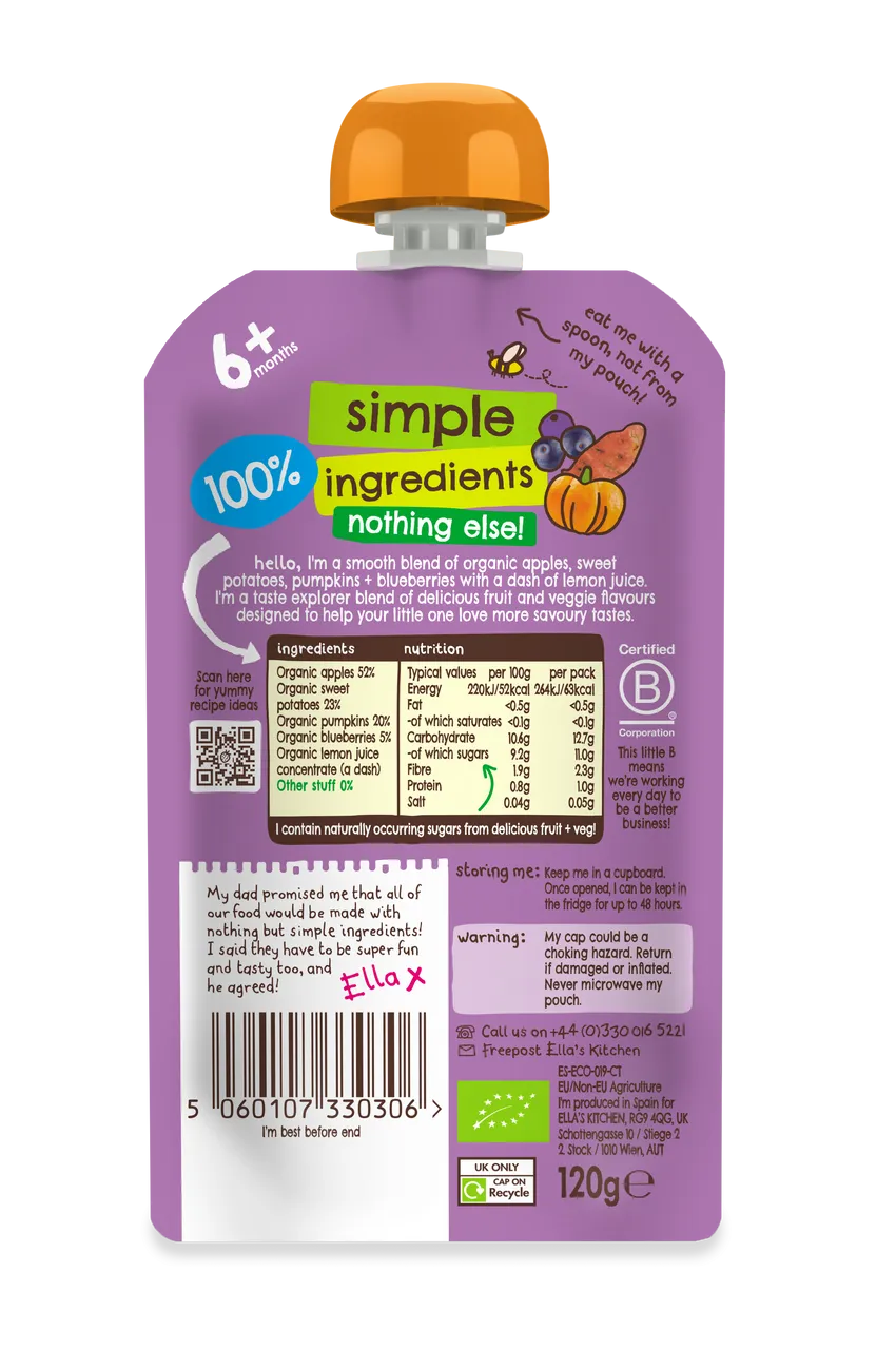 Ella's Kitchen Sweet potatoes pumpkins apples Plus blueberries Baby Puree Pouch 120g 6 Plus Months