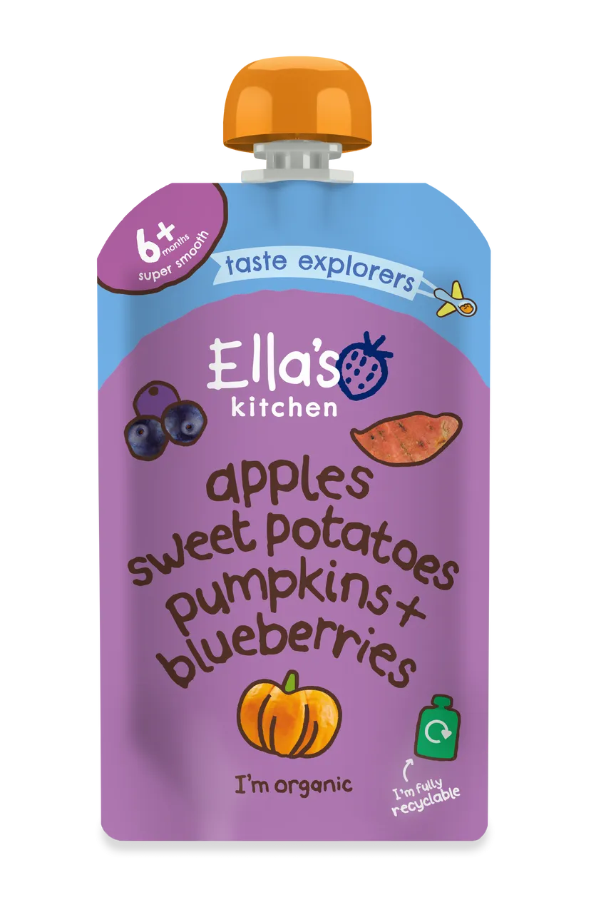 Ella's Kitchen Sweet potatoes pumpkins apples Plus blueberries Baby Puree Pouch 120g 6 Plus Months