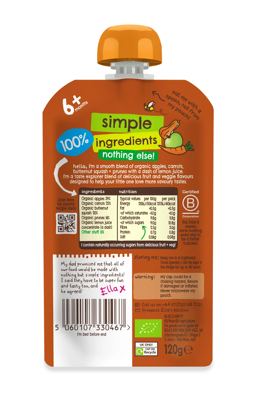 Ella's Kitchen squash carrots apples Plus prunes Baby Puree Pouch 120g 6 Plus Months