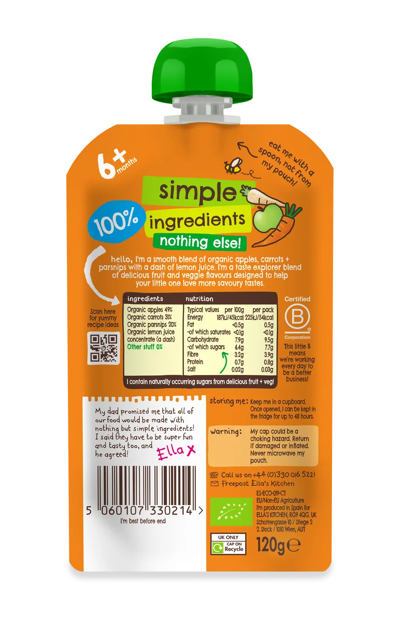 Ella's Kitchen Apples carrots Plus parsnips Baby Puree Pouch 120g 6 Plus Months