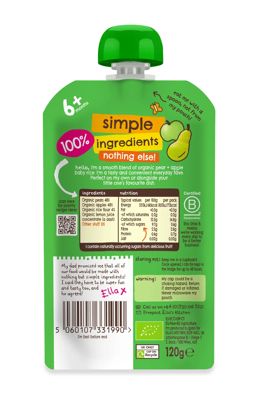 Ella's Kitchen Pear Plus apple baby rice Baby Puree Pouch 120g 6 Plus Months