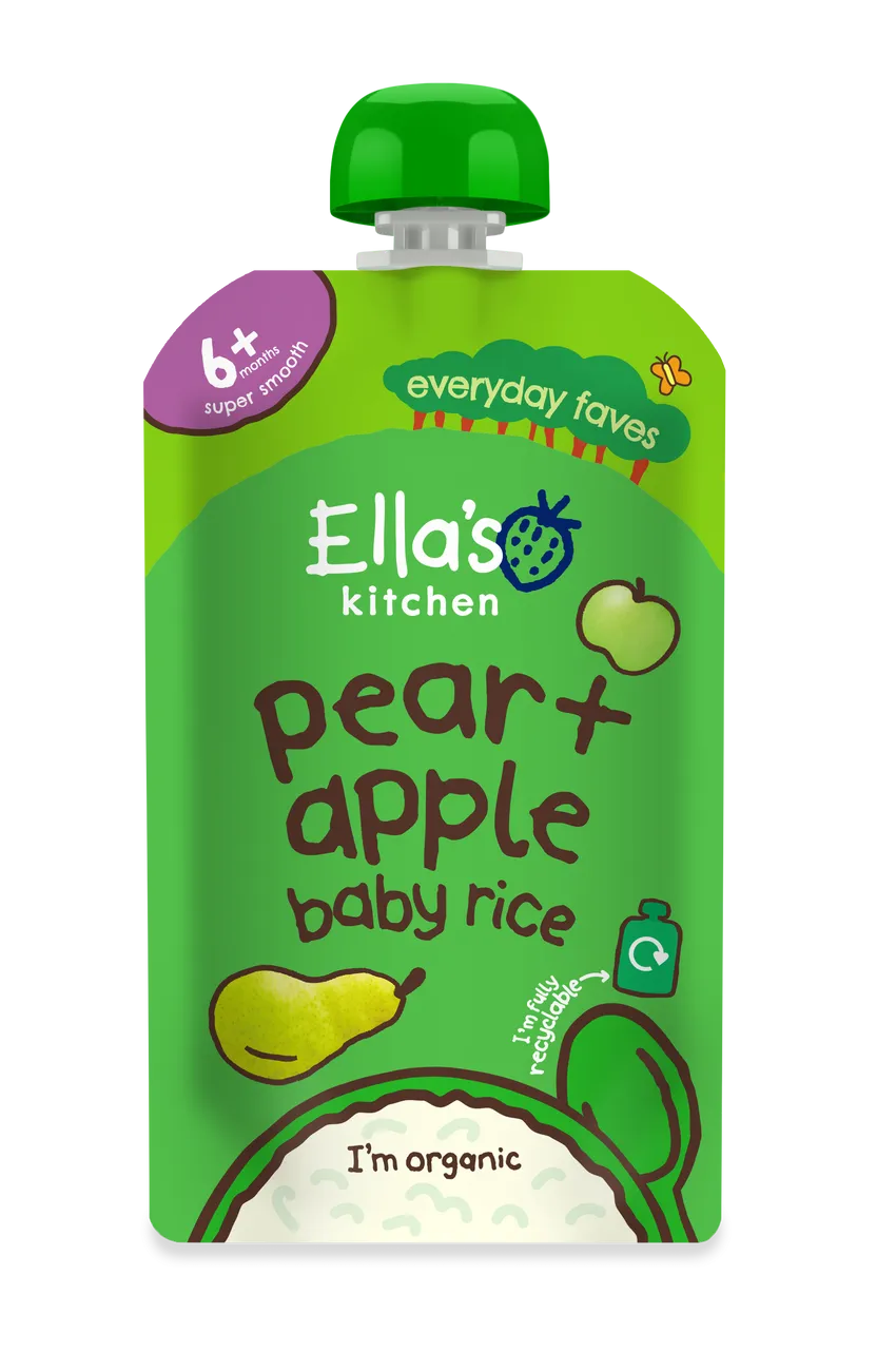 Ella's Kitchen Pear Plus apple baby rice Baby Puree Pouch 120g 6 Plus Months