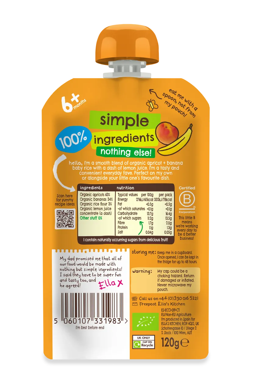 Ella's Kitchen Apricot Plus banana baby rice Baby Puree Pouch 120g 6 Plus Months