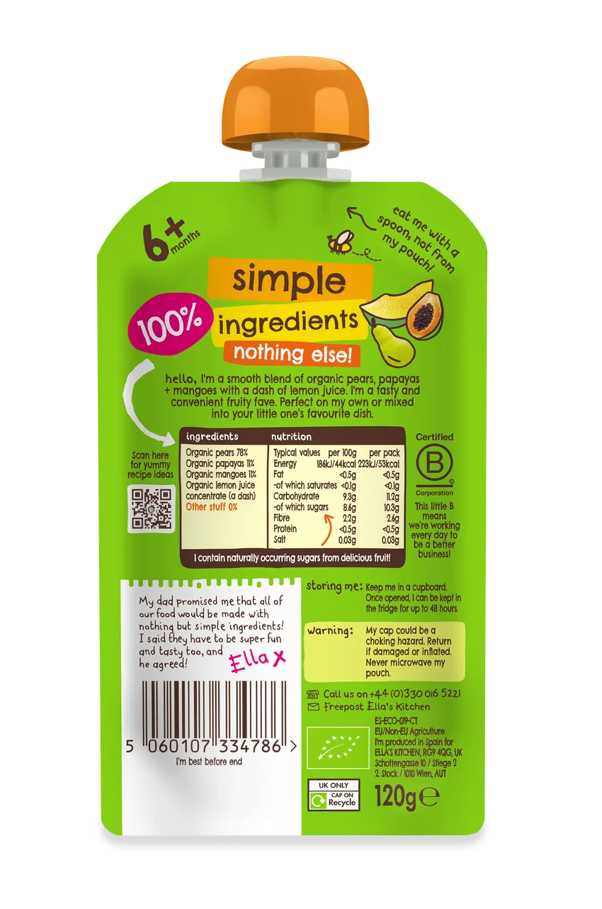 Ella's Kitchen Mangoes pears Plus papayas Baby Puree Pouch 120g 6 Plus Months