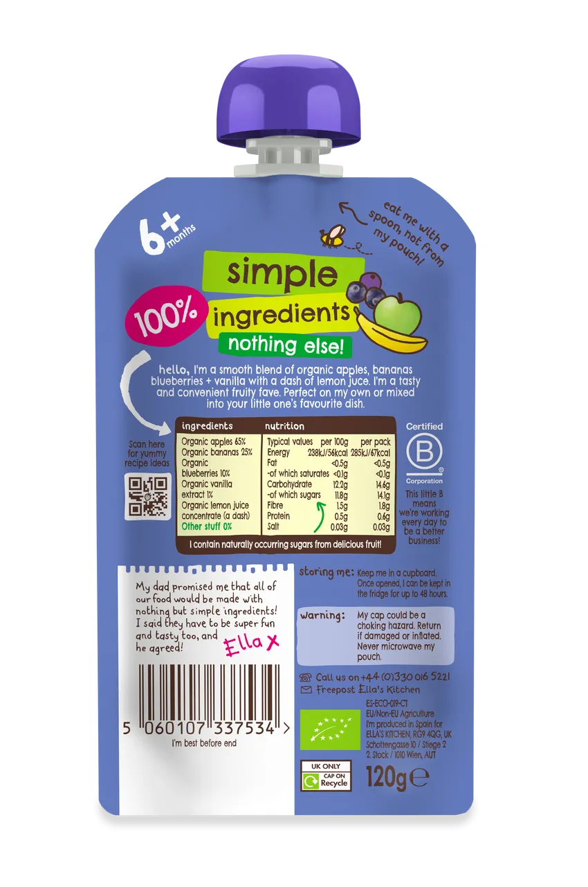 Ella's Kitchen Blueberries apples bananas Plus vanilla Baby Puree Pouch 120g 6 Plus Months