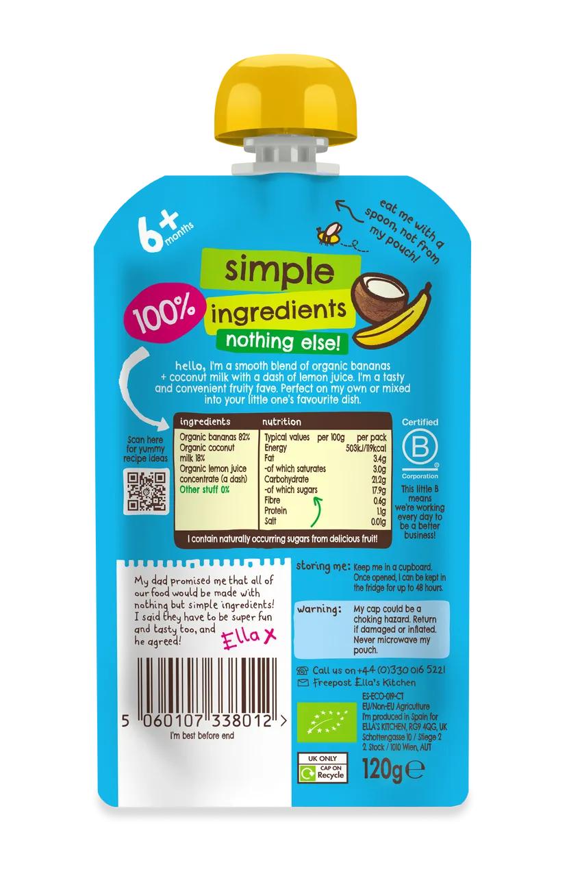 Ella's Kitchen Bananas Plus coconuts Baby Puree Pouch 120g 6 Plus Months