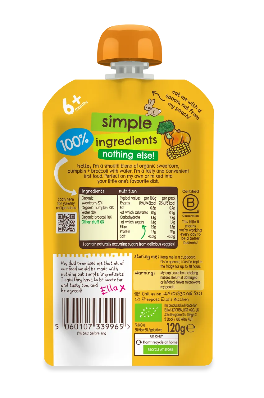 Ella's Kitchen Pumpkin broccoli Plus sweetcorn Baby Puree Pouch 120g 6 Plus Months