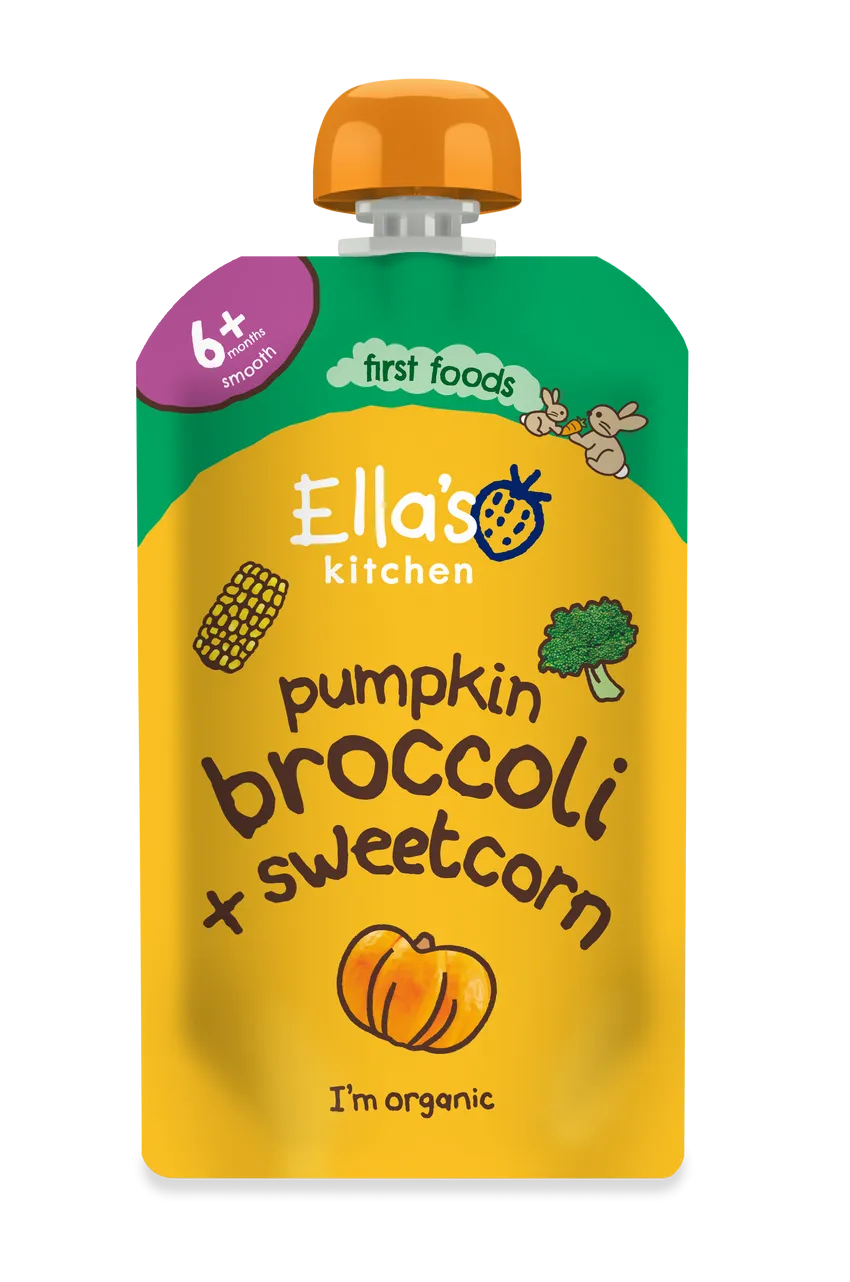 Ella's Kitchen Pumpkin broccoli Plus sweetcorn Baby Puree Pouch 120g 6 Plus Months
