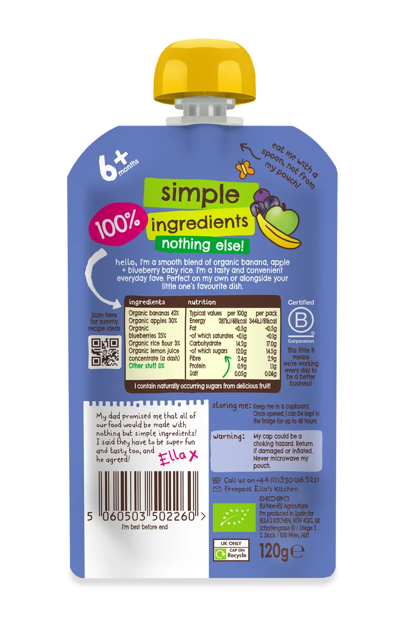 Ella's Kitchen Banana, apple Plus blueberry baby rice Baby Puree Pouch 120g 6 Plus Months