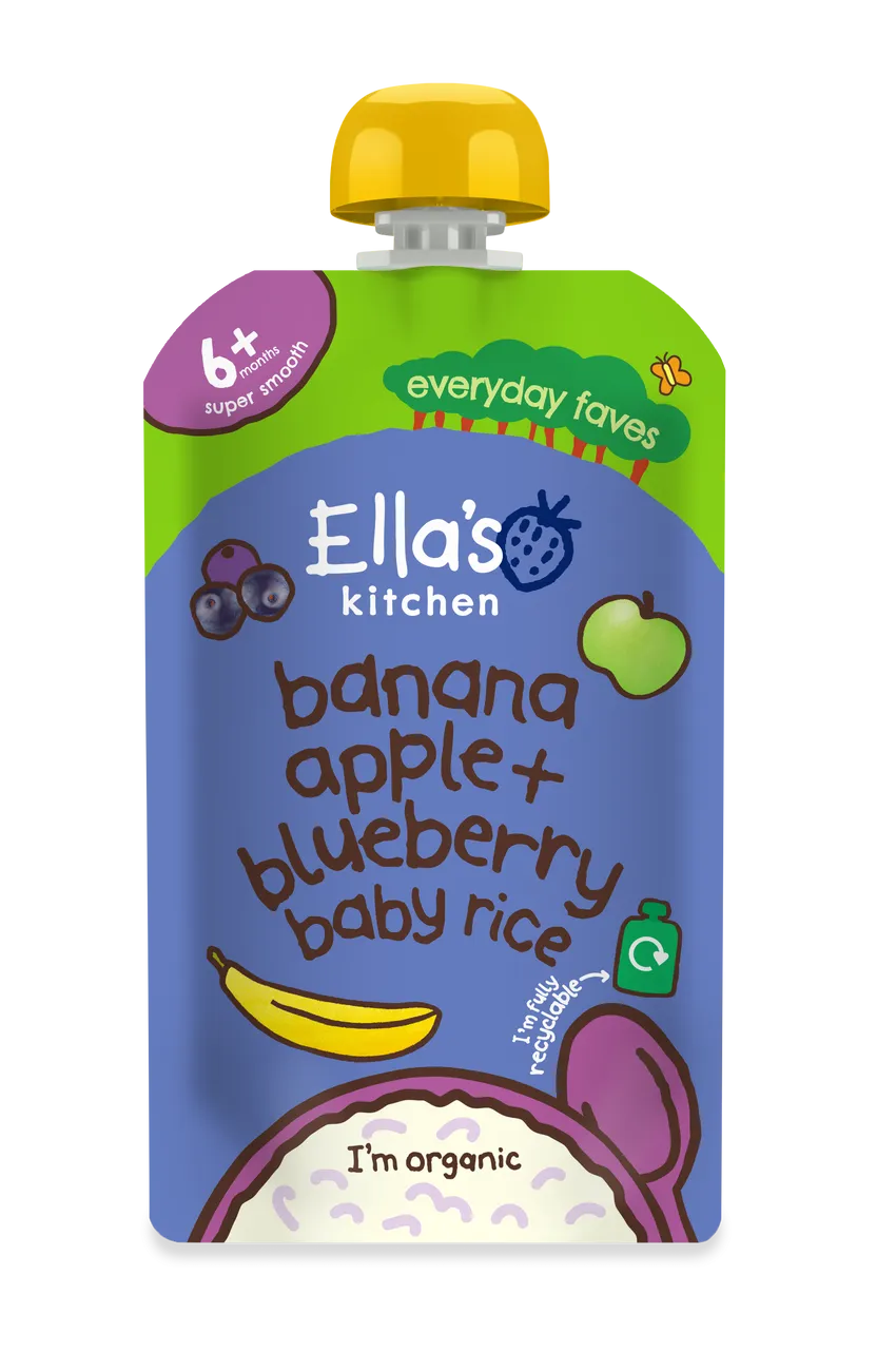 Ella's Kitchen Banana, apple Plus blueberry baby rice Baby Puree Pouch 120g 6 Plus Months