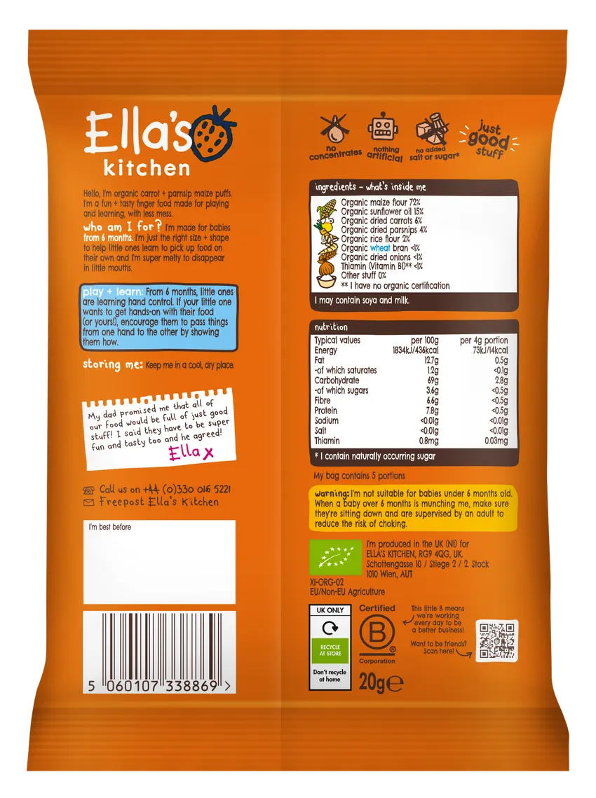 Ella's Kitchen Carrot Plus parsnip melty puffs 6 Months Plus 20g