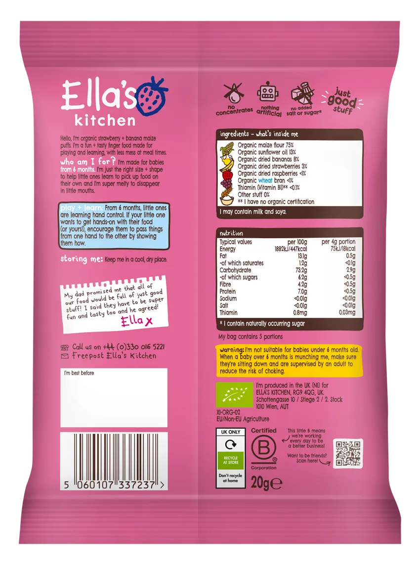 Ella's Kitchen Strawberry Plus banana melty puffs 6 Months Plus 20g