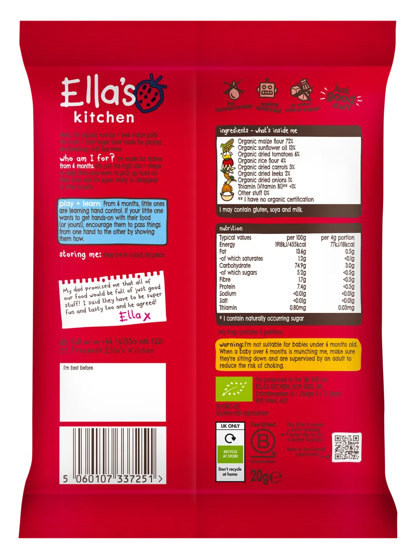 Ella's Kitchen Tomato Plus leek melty puffs 6 Months Plus 20g