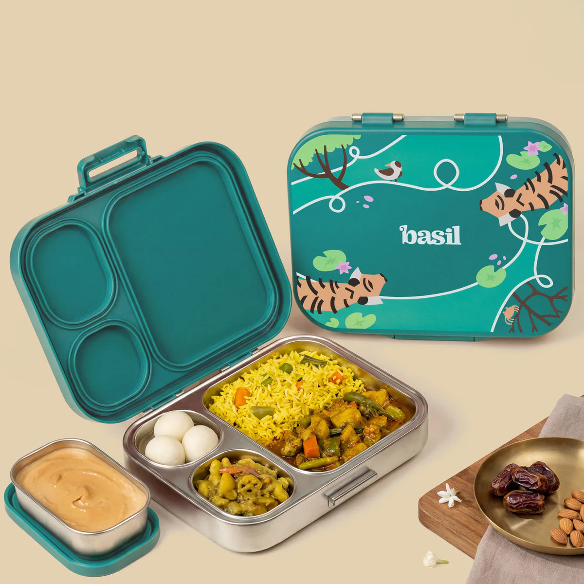 Basil Bento Quad + 3 Plus 1 Compartment Stainless Steel Lunchbox - 1250 ml