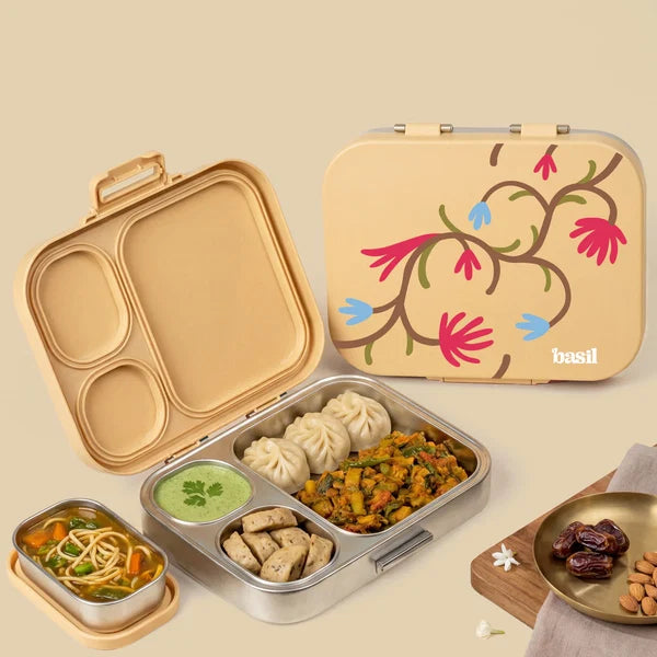 Basil Bento Quad + 3 Plus 1 Compartment Stainless Steel Lunchbox - 1250 ml