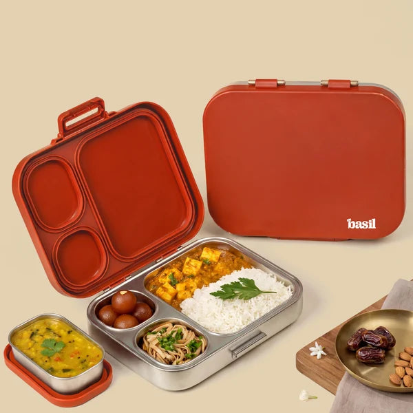 Basil Bento Quad + 3 Plus 1 Compartment Stainless Steel Lunchbox - 1250 ml