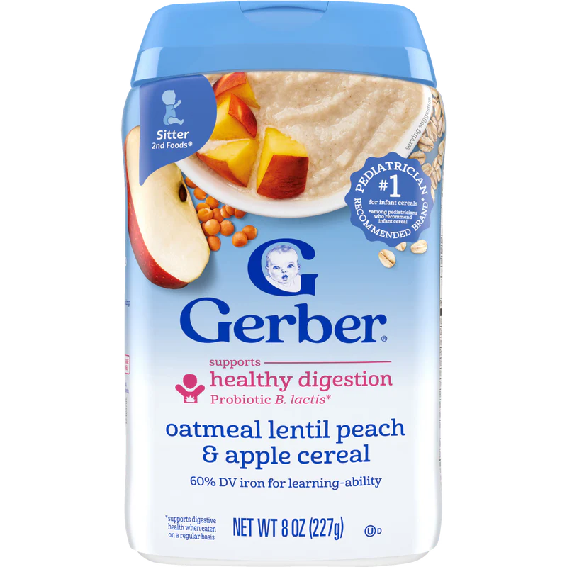 Gerber Powerblend Probiotic Oatmeal Lentil Peach Apple Cereal 6 Plus Months