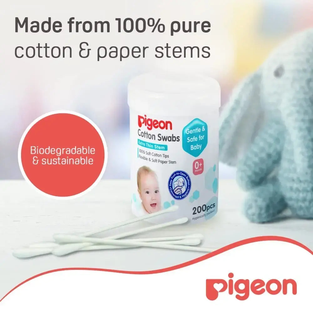 Pigeon Cotton Swabs Extra Thin Stem,BPA Free,100 % Soft Cotton Tips,Eco Friendly,Whit,(200 pcs)