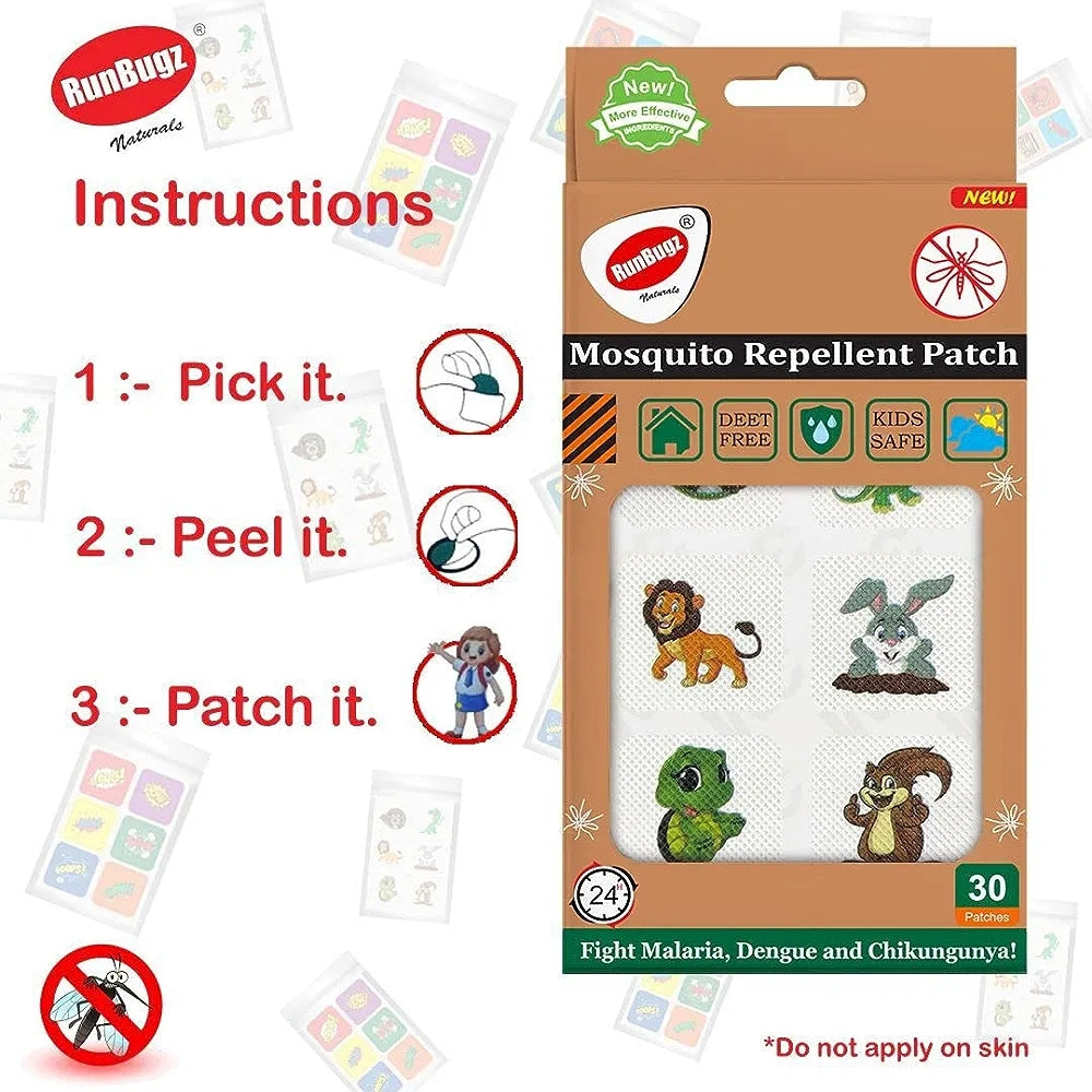 Runbugz Mosquito Repellent Printed Cute Animals Patches For Baby's (30 Patches)