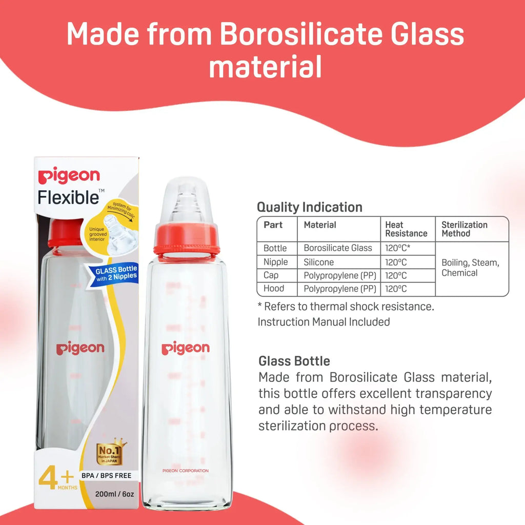 Pigeon Flexible glass Bottle Nursing Feeding Bottle With Added Nipple M for 4 plus Month Babies 200ml 6oz